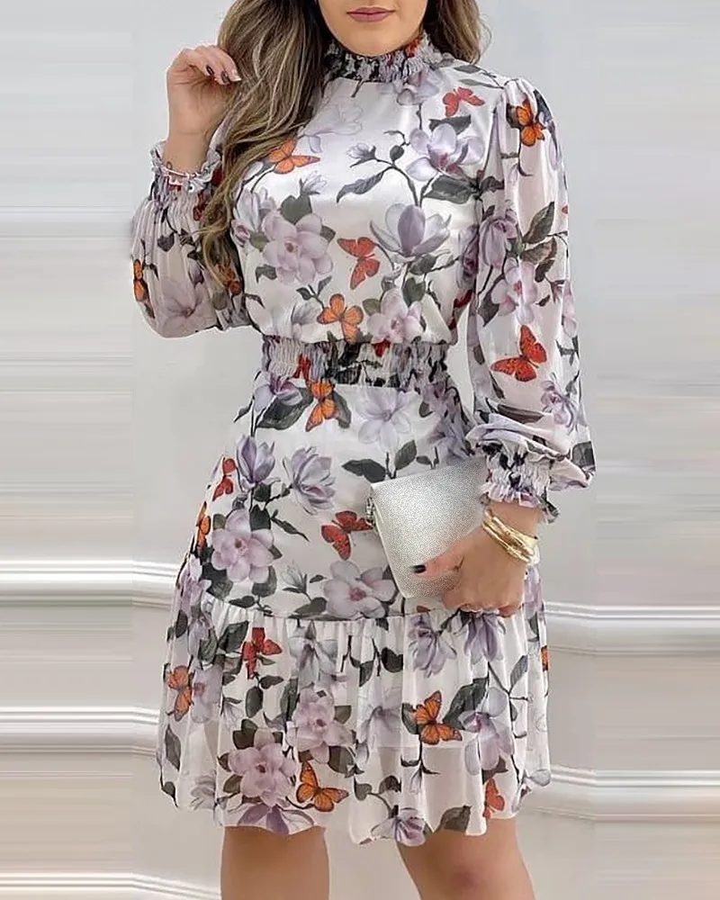 

2021 New Floral Print Women Turtleneck Dress Elegant Female Lantern Sleeve Ruffles Dress Elastic Waist Autumn Slim Party Dress