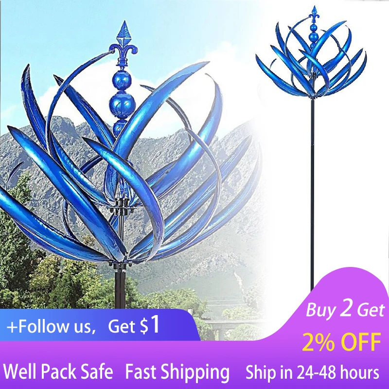 

Garden Decorative Windmill Unique Metal Wind Rotator Removable Blue Durable Reflective with Ground Plug Art Craft Garden Decor