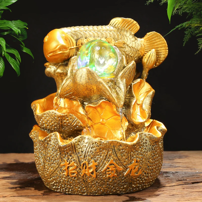 

220V Golden Resin Crafts Indoor Water Fountain Living Room Flowing Fountains Ornaments Lucky Feng Shui Home Decor Accessories