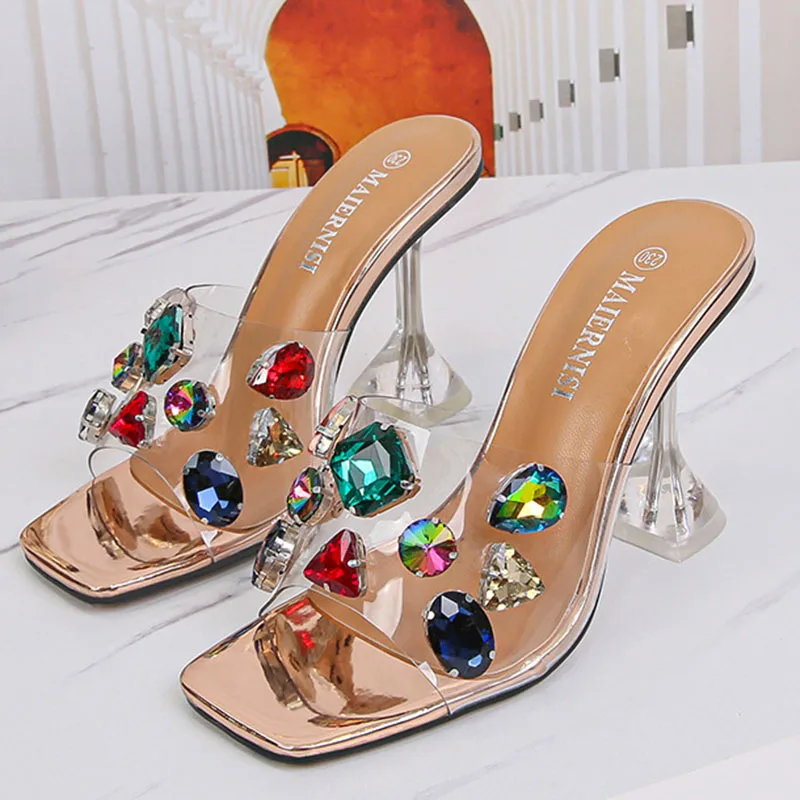 

2022 Women Sandal Pumps Summer Color Rhinestone Transparent Square Toe Sandal Sexy Female Luxury Stiletto Shoes Zapatos de mujer