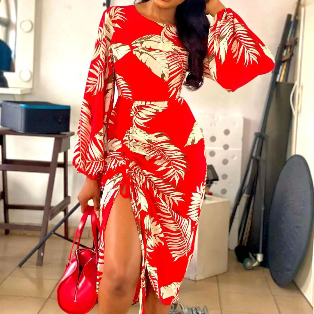 

Long Sleeve High Waist Slimming Large Size Women Round Neck Printed Bubble Drawstring Dress Knee Length Summer Party Evening