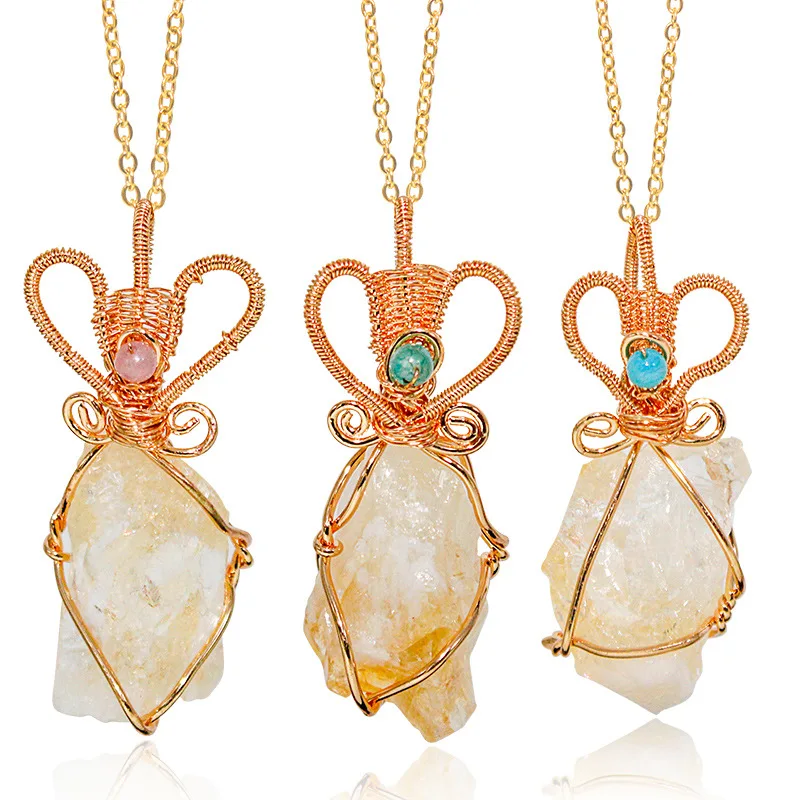 

Новый необычный кулон из цитрина ручной работы, Обмотка из медной проволоки, обвязочная проволока, оригинальное натуральное цветочное коль...