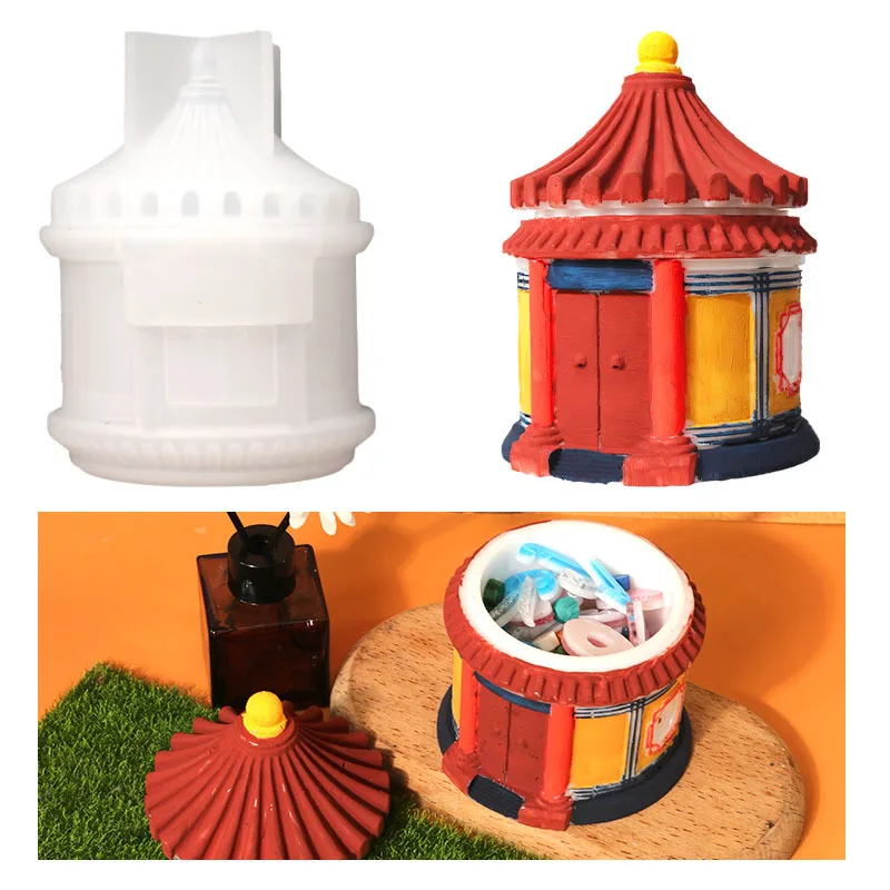 

DIY Chinese Construction Shape Storage Jar Slicone Mold Cute House Shaped Jewelry Box Candle Holder Resin Mould Home Decor Craft