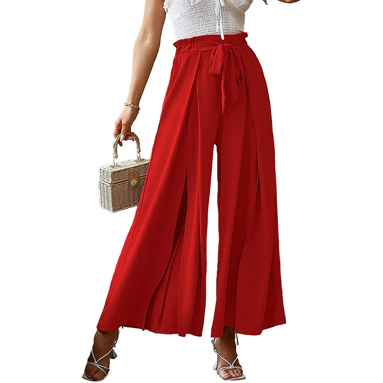 2022 Spring Summer Women's Bow Loose Pleated Wide Leg Pants With Belt Wide Leg High Waist Straight Trousers For Women