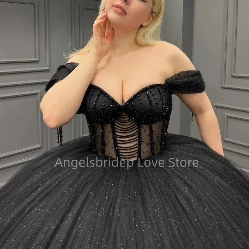 Angelsbride черное бальное платье с открытыми плечами платья для Quinceanera блестящее