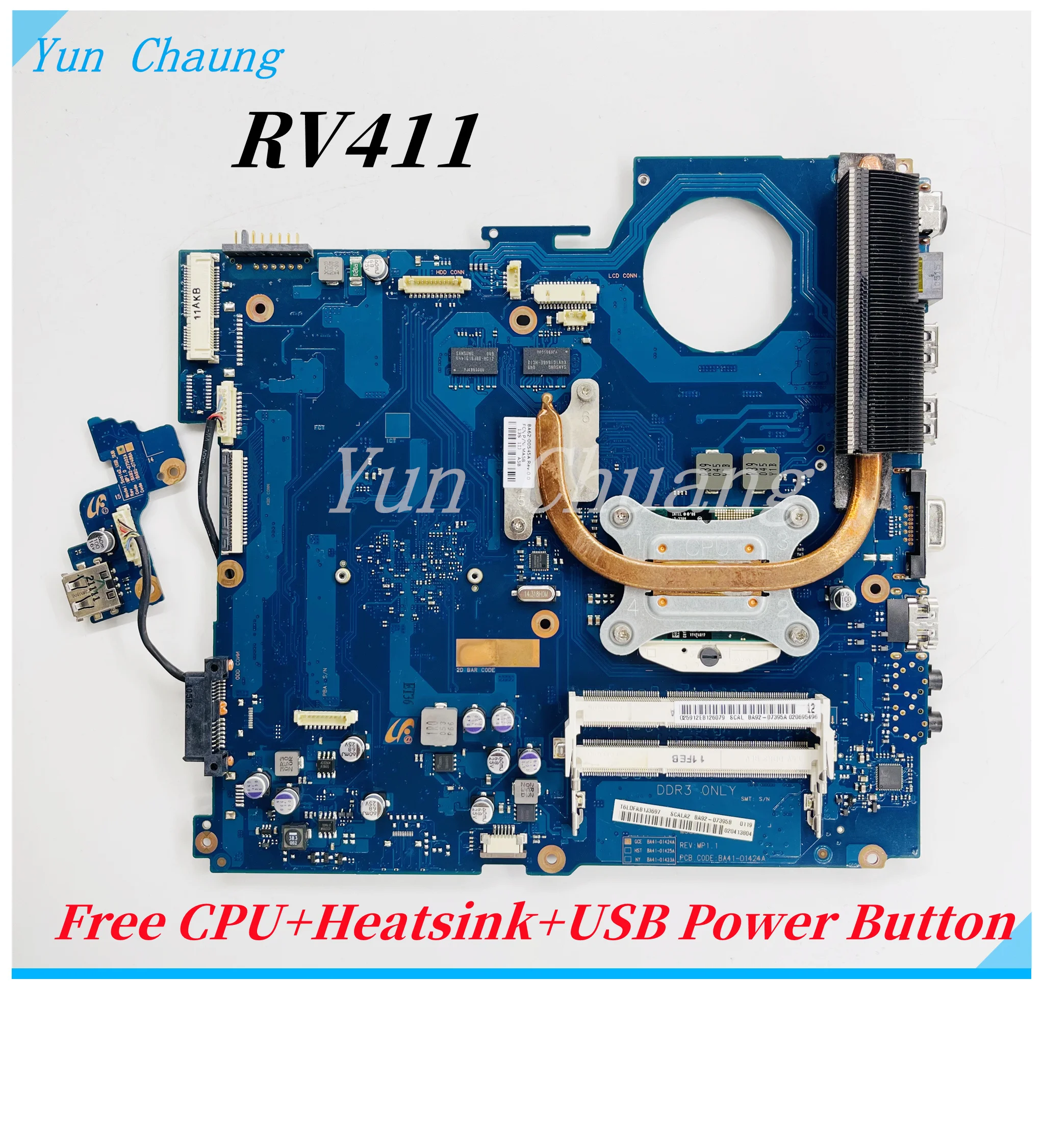 

Для Samsung NP-RV411 RV411 Материнская плата ноутбука BA41-01423A DDR3 GT315M, видеокарта, Бесплатный радиатор ЦП + Кнопка питания USB