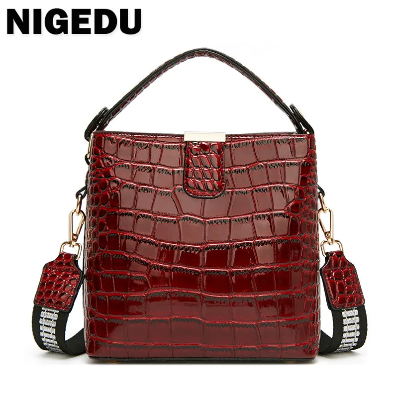 

Luxury Patent Leather women handbag small Brand design crocodile grain Bucket Shoulder Bag for female Crossbody bags satchels
