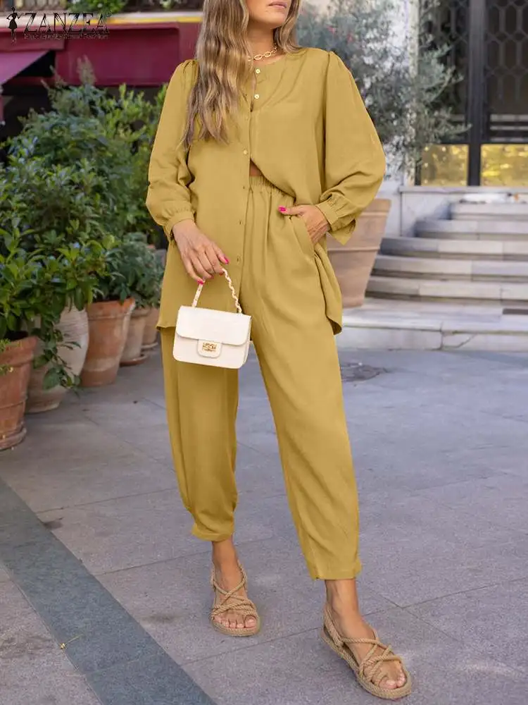 

Комплект ZANZEA женский из 2 предметов, повседневный Топ с длинным рукавом, длинные брюки с эластичным поясом, модный осенний костюм большого размера на пуговицах