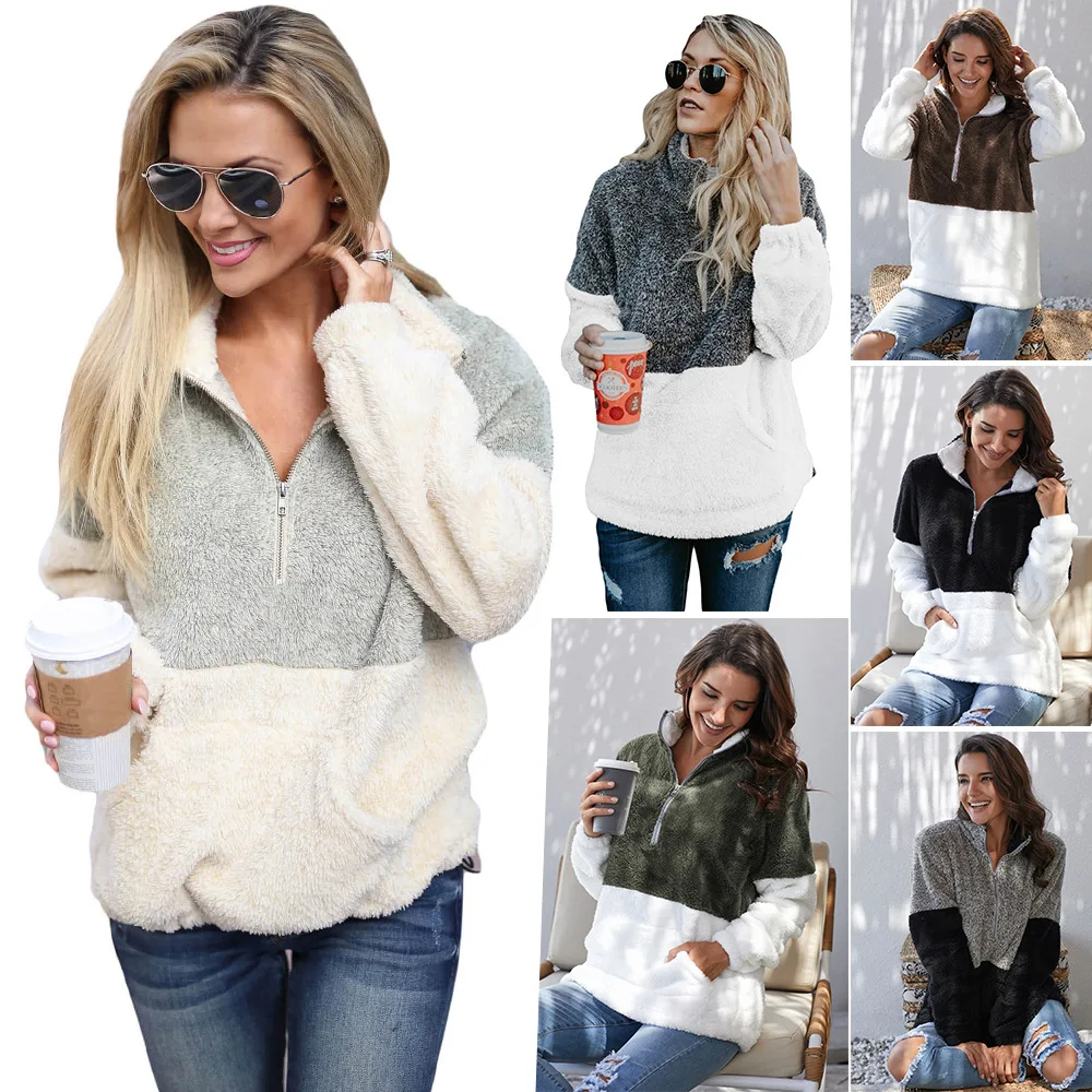 

New Contrast Thick Plush Wool Pullover Warm Coat Women Autumn and Winter Striped Fleece Coat Women Jacket Pullover