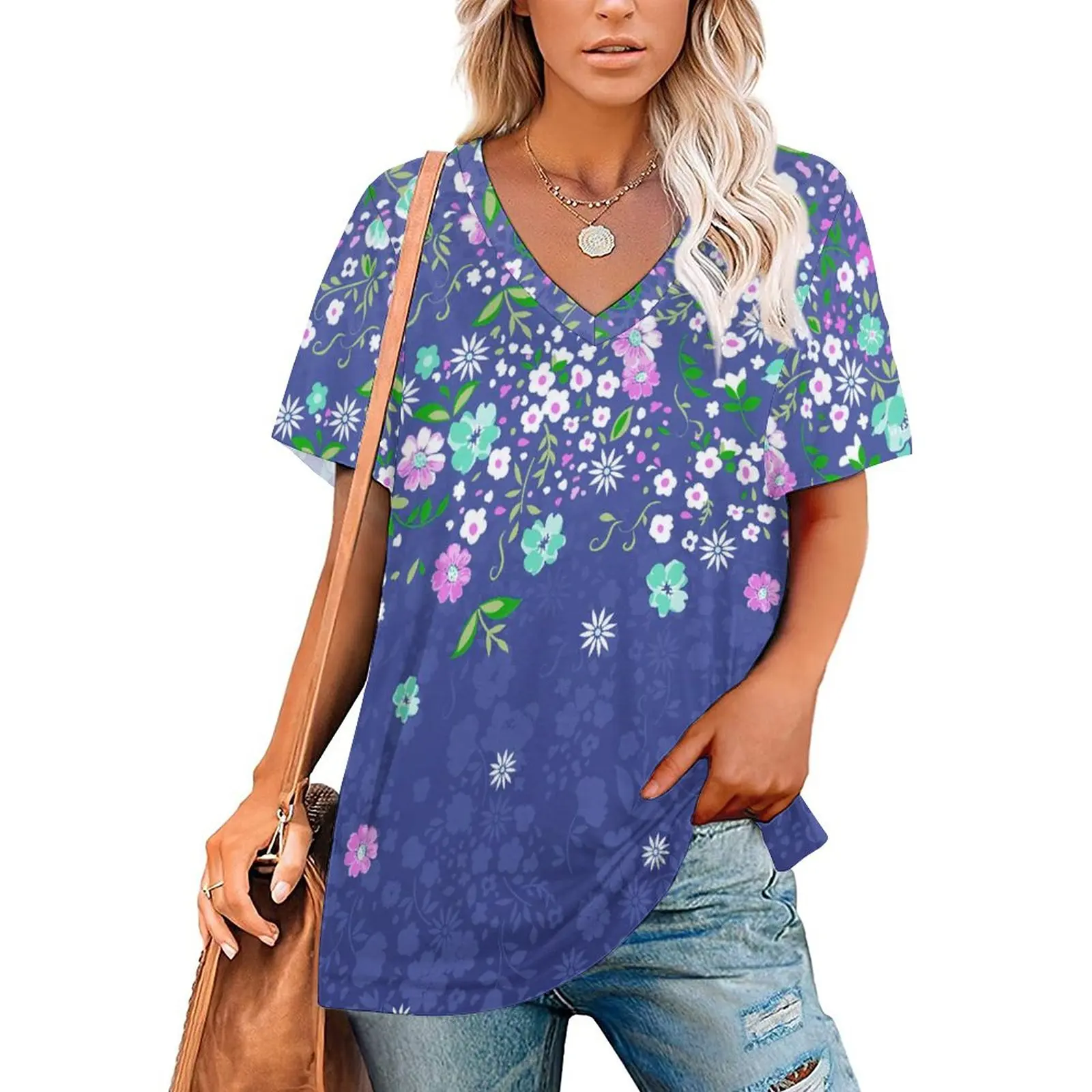

Summer Women's New Short Sleeve Top Tee Graphic Floral Print V-neck T-shirts For Women Vintage T Shirt For Woman