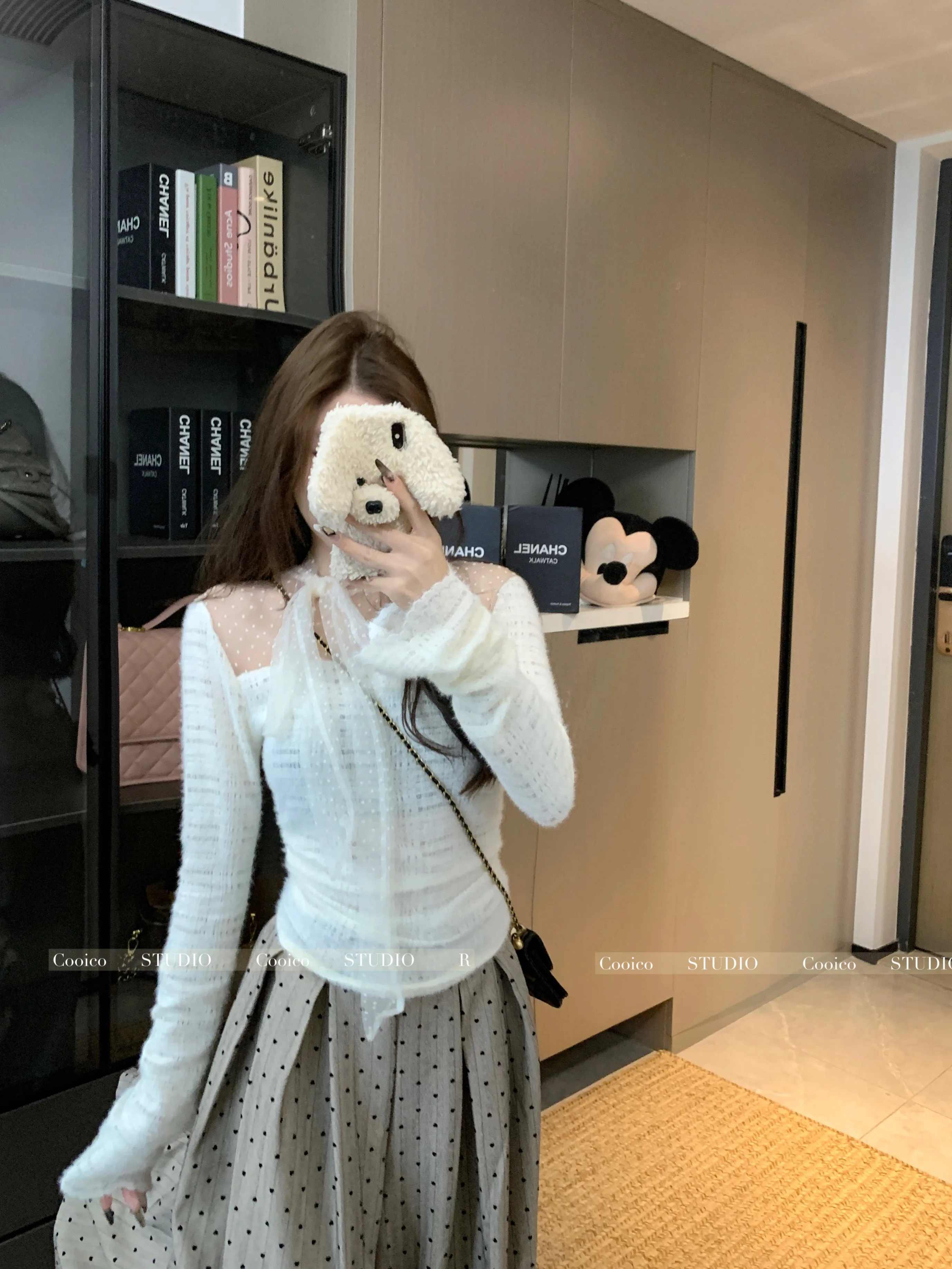 White Lace Polka Dot Long sleeves Shirt Women Early Autumn Chic Bow Graceful Inner wear Bottoming Short Top