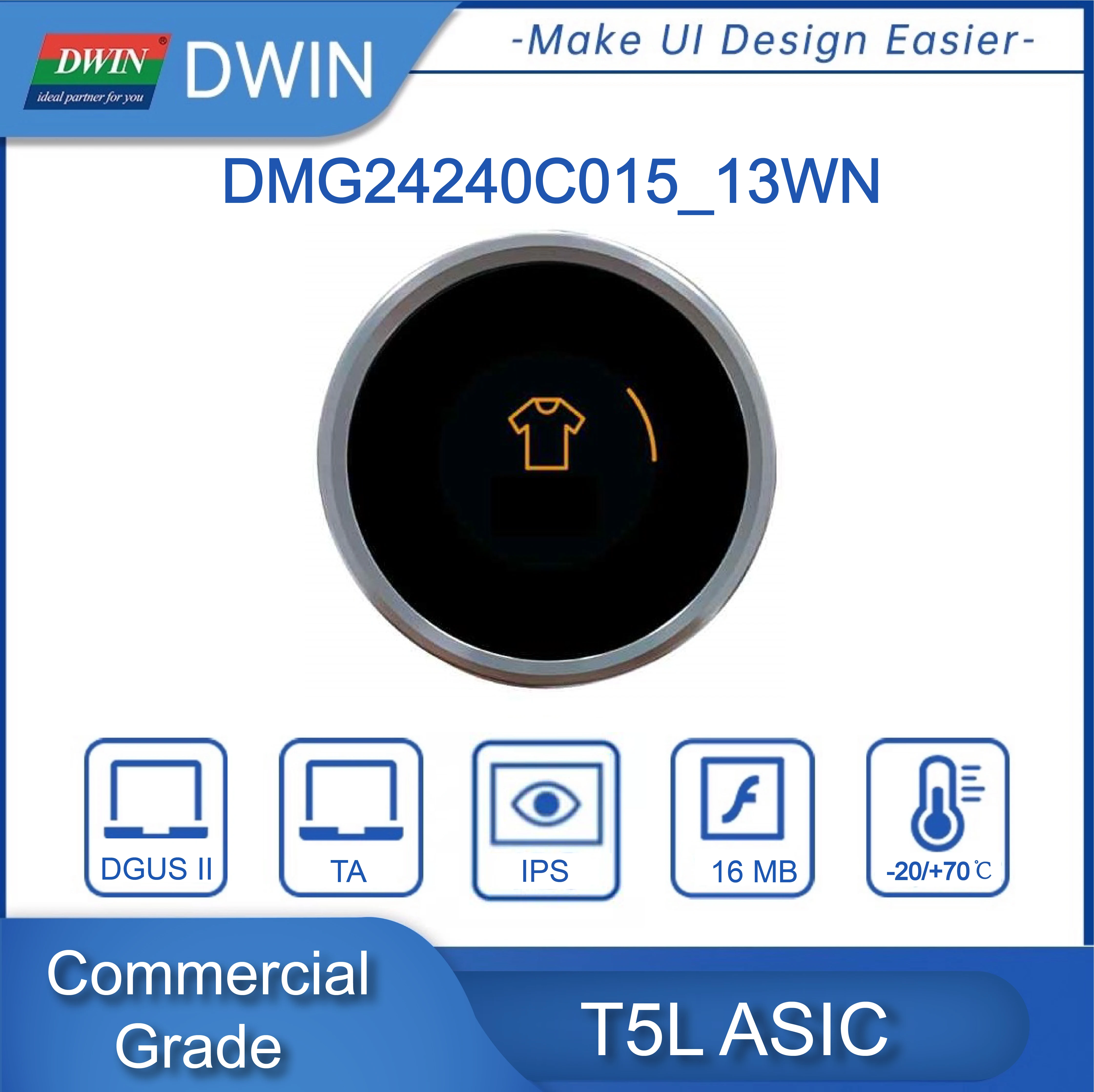 

DWIN1.54-inch, 240*240 Pixels Resolution, 262K Colors, IPS-TFT-LCD,Circular Rotary Screen with Encoder Shell
