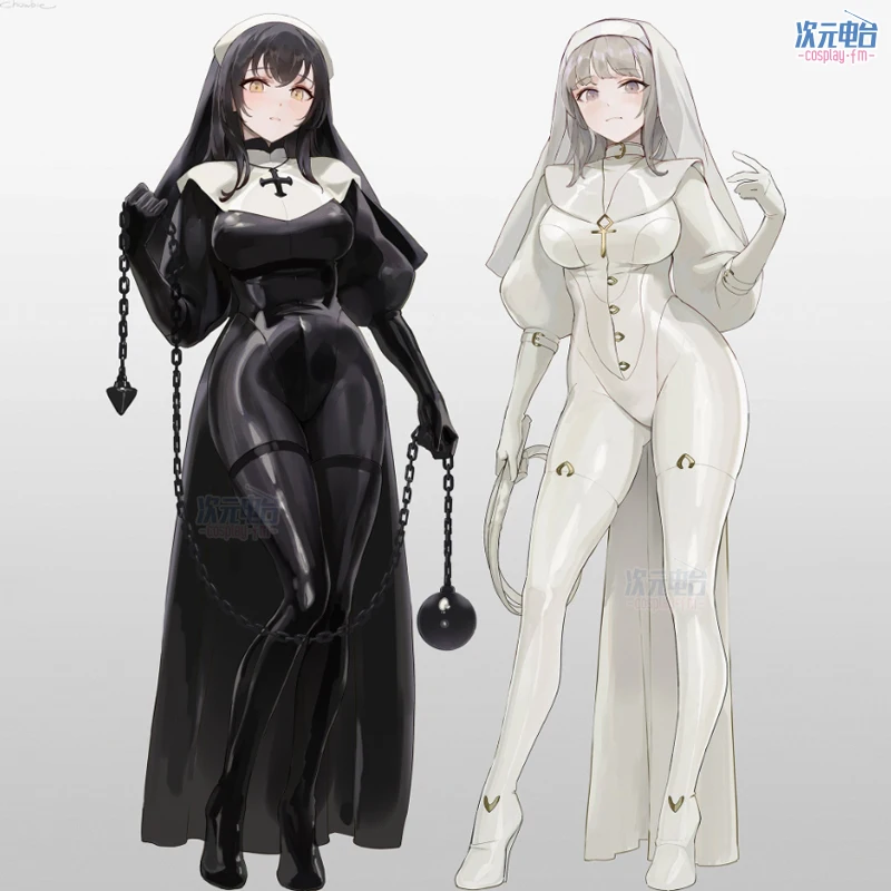 

Костюм принцессы Chowbie Nun из аниме, оригинальный дизайн, белый черный комбинезон из искусственной кожи, пикантный женский костюм монахини для косплея