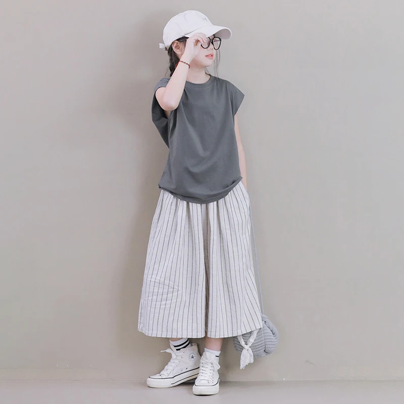 

2023 Summer Girls Wide Leg Pants for Teen Japanese Style Casual Cotton Elastic Waist Culotte Trousers and tee Sold Separately