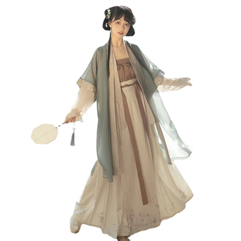 

4PCS Set Tea Green Flowing Maxi Ancient Chinese Hanfu Dress For Women Embroidery Dress Costume For Shooting Graduation