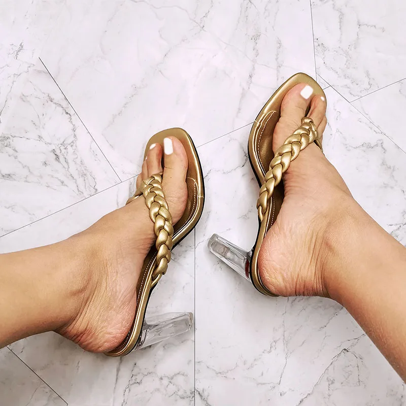 

Сланцы женские на высоком каблуке, модные однотонные шлепанцы с переплетением, пикантные прозрачные элегантные тапочки с квадратным носко...