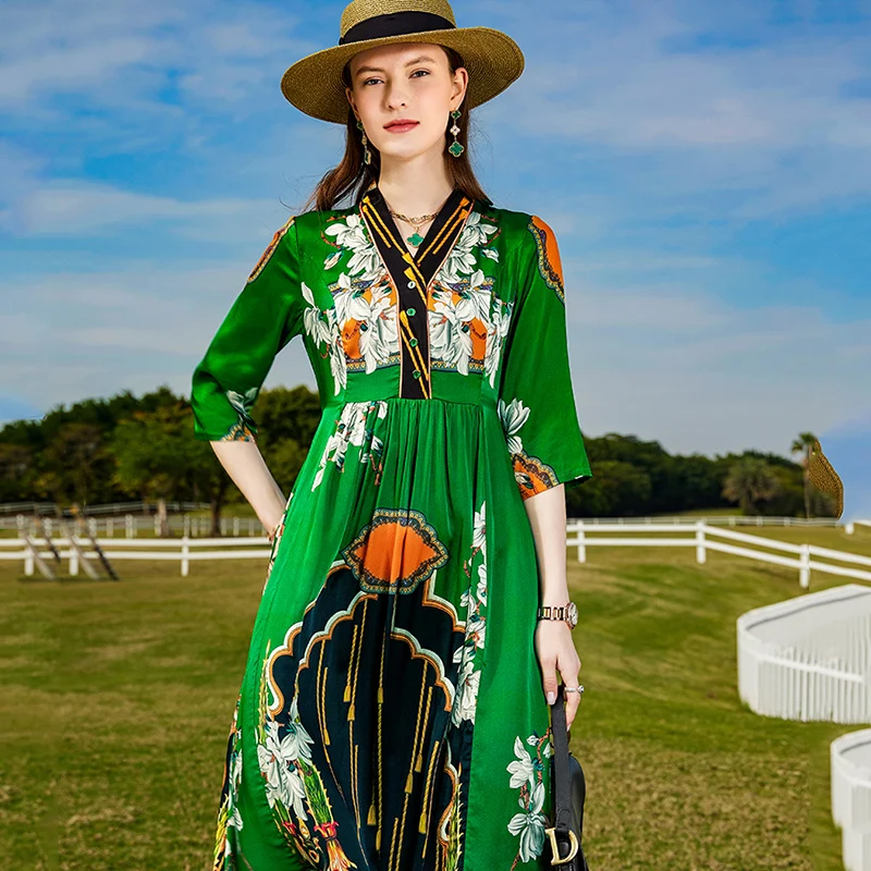 

High Quality Women's 2022 Summer New V-Neck Green Silk Printed Three Quarter Sleeve High Waist Mid-Length Lady Dress S-XL
