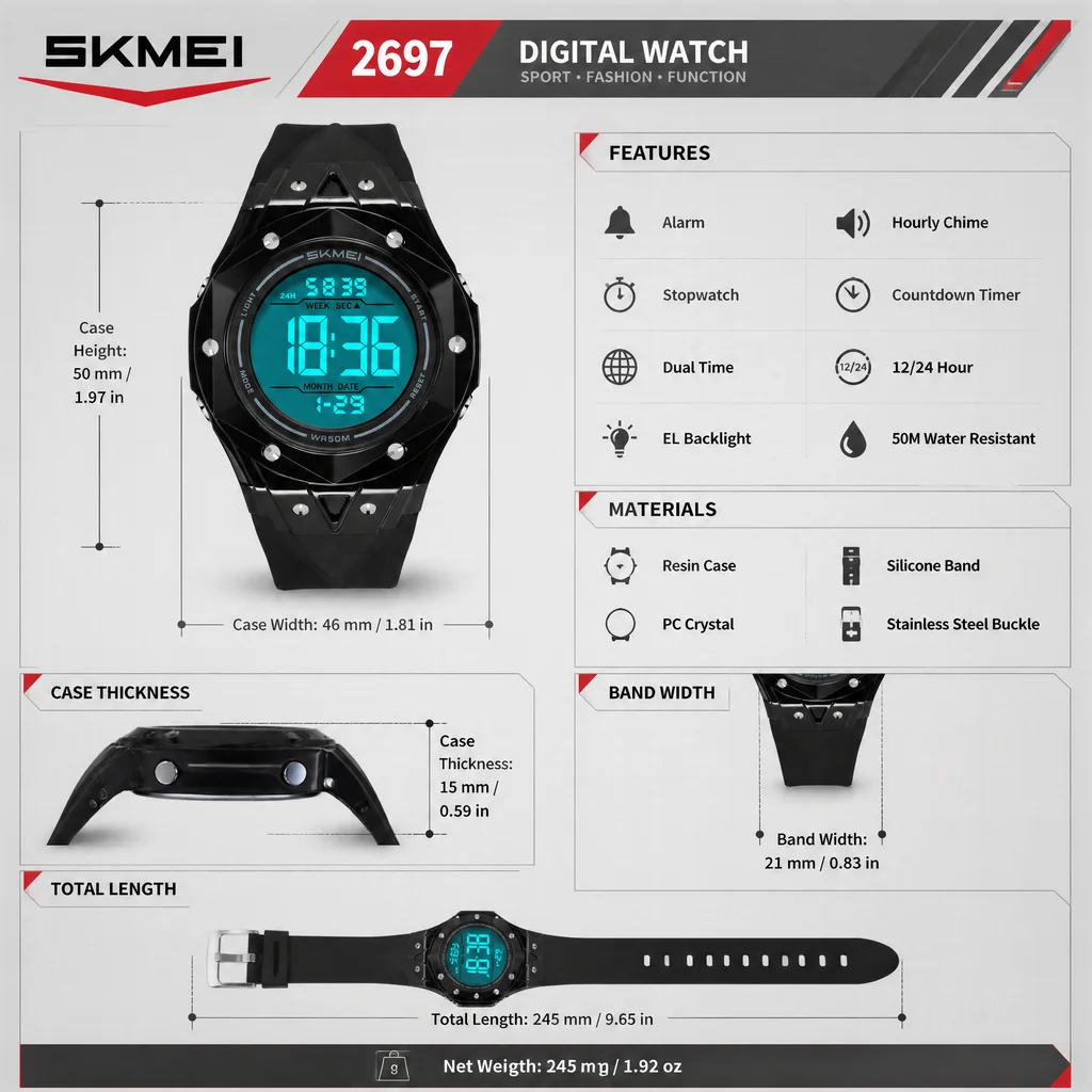 SKMEI 2697 Унисекс цифровые часы с водонепроницаемостью 50 м, электронные наручные часы для мужчин и женщин, модные часы с будильником, секундомером и хронографом для студентов (art.: 3920dcb406601) - 3920dcb406601