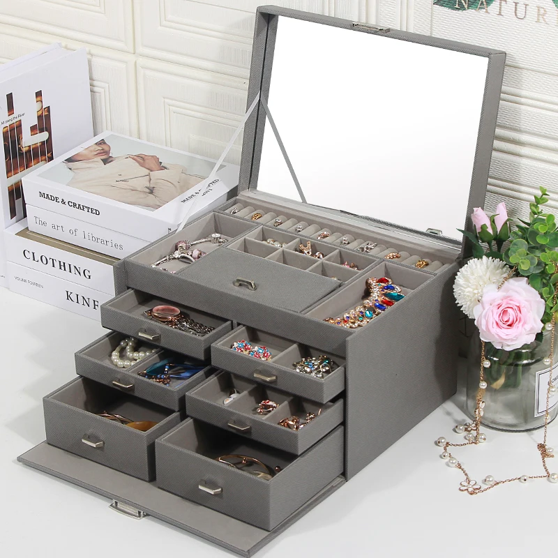 Large Capacity Jewelry Box Storage Organizer Case with Lock Korean Wooden Multi Layer Jewelry Storage Organizer Earrings Box