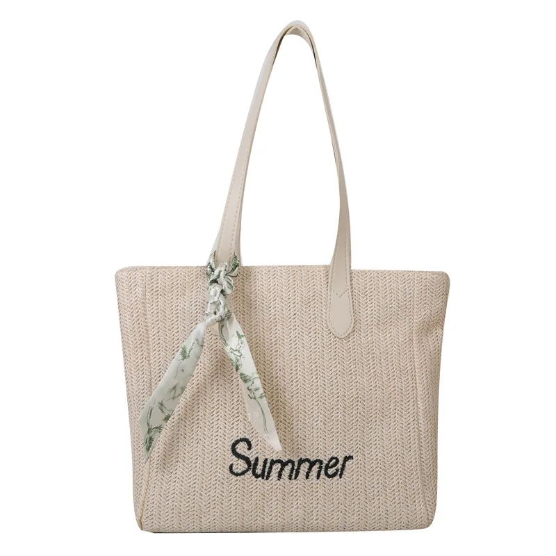

2023 New Summer New Casual High Capacity Woven One Shoulder Handbag Simple Silk Scarf Grass Beach Bag