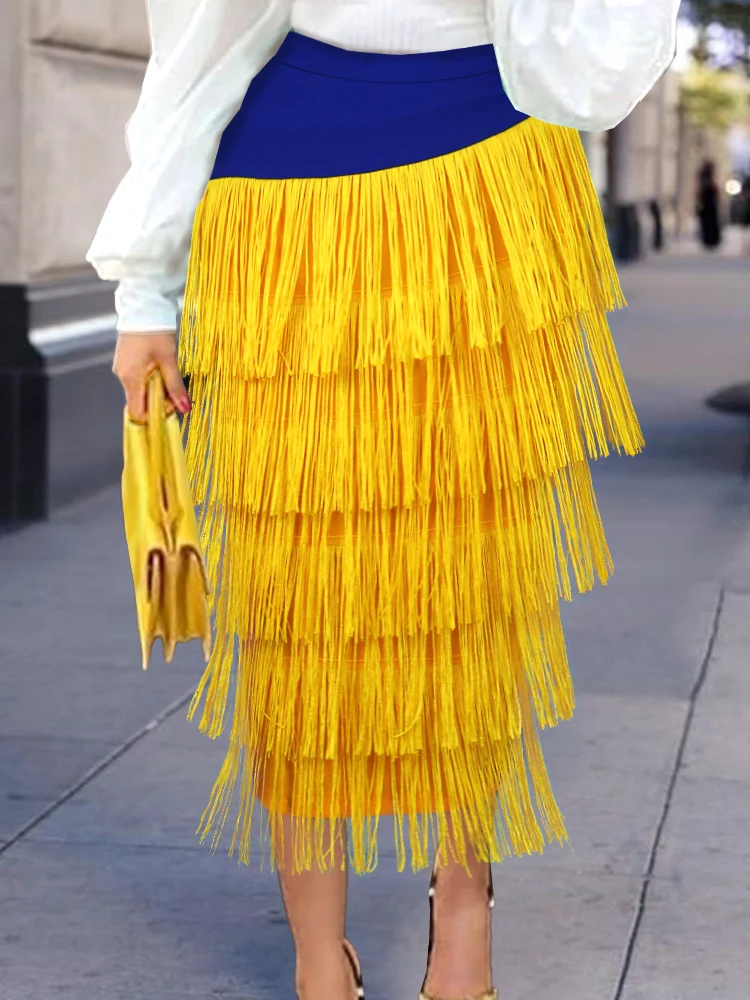 

Tassels Skirts Women Yellow Blue Color Block High Waist Pencil Fringe fashion Skirt Ladies Evening Birthday Cocktail Party 2022