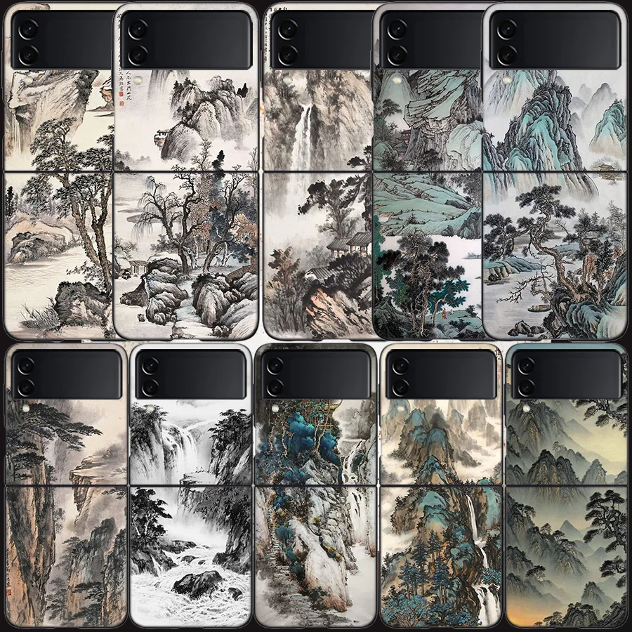 Чехол с рисунком чернил в китайском стиле для Samsung Galaxy Z Flip 6 5G 5 4 3 Черный жесткий