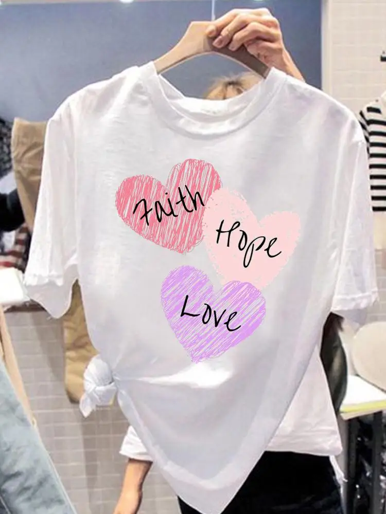 

Футболка женская с коротким рукавом и принтом, модная повседневная Акварельная футболка с надписью Faith Love Heart, женская одежда с графическим ...