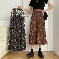 skirts women elastic mid calf floral simple korean vintage dropped mujer ins de moda streetwear clothing pleated 2022 spring new