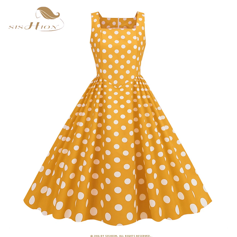 

SISHION Yellow Red Polka Dot Print Summer Dress for Women 2023 50s 60s Vintage Retro Rockabilly Swing Dresses VD3919