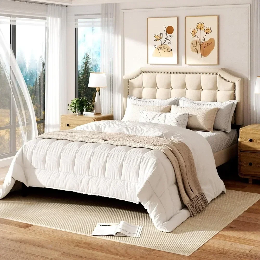 Фото # Для Cadre lit avec coussin doux, planche en bois robuste, pasyaa dboîte à ressort, d дозвоoration tête lit rivetée& №1