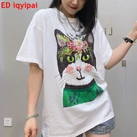 ed iqyipai streetwear women t shirt summer clothes sequins printed cat loose white cotton top loose short sleeve causal tee tren