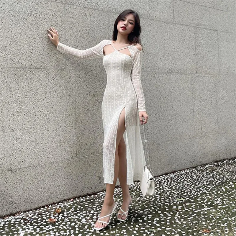 

Mandylandy Women Elegant Transparent Dress Lady Sexy Fashion High Waist Corset Backless Side Slit Long Dress Night Clubwear