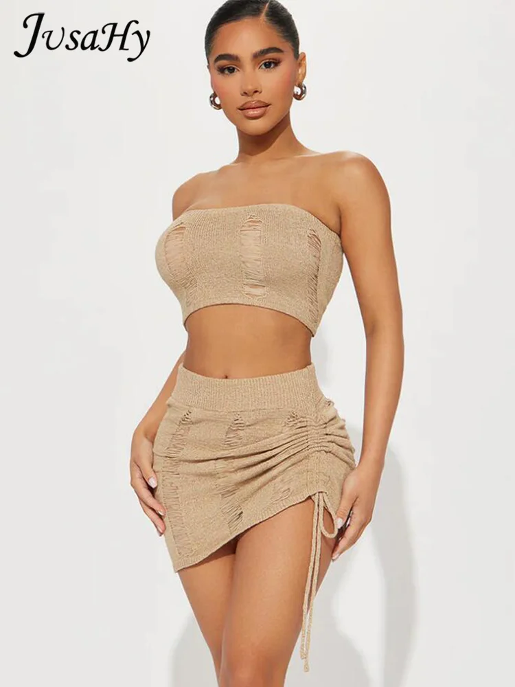 

Новинка, соблазнительный Женский комплект JusaHy из двух предметов, облегающая мини-юбка с открытыми плечами и низкой грудью, модель 2023 года, Y2K