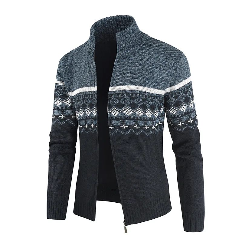 2022 Autumn and Winter New European and American Stand Collar Color Matching Casual Knitted Cardigan Sweater Men's Clothing