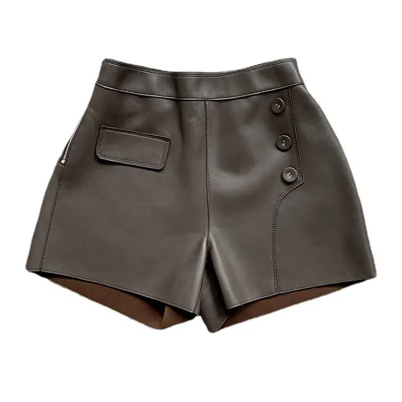 2022 Leather Shorts Women High Waist Genuine Sheepskin Short Elastic Waist Fashion Streetwear Short Trouser TF5025