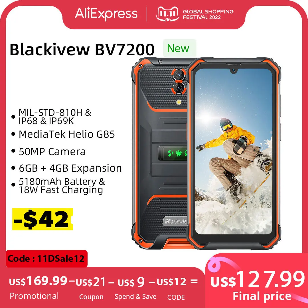 Kup [Światowa Premiera] Blackview BV7200 Android 12 Wytrzymały Smartfon 6GB + 128GB Telefon Komórkowy Helio G85 Aparaty 50MP Telefony Komórkowe 5180mAh