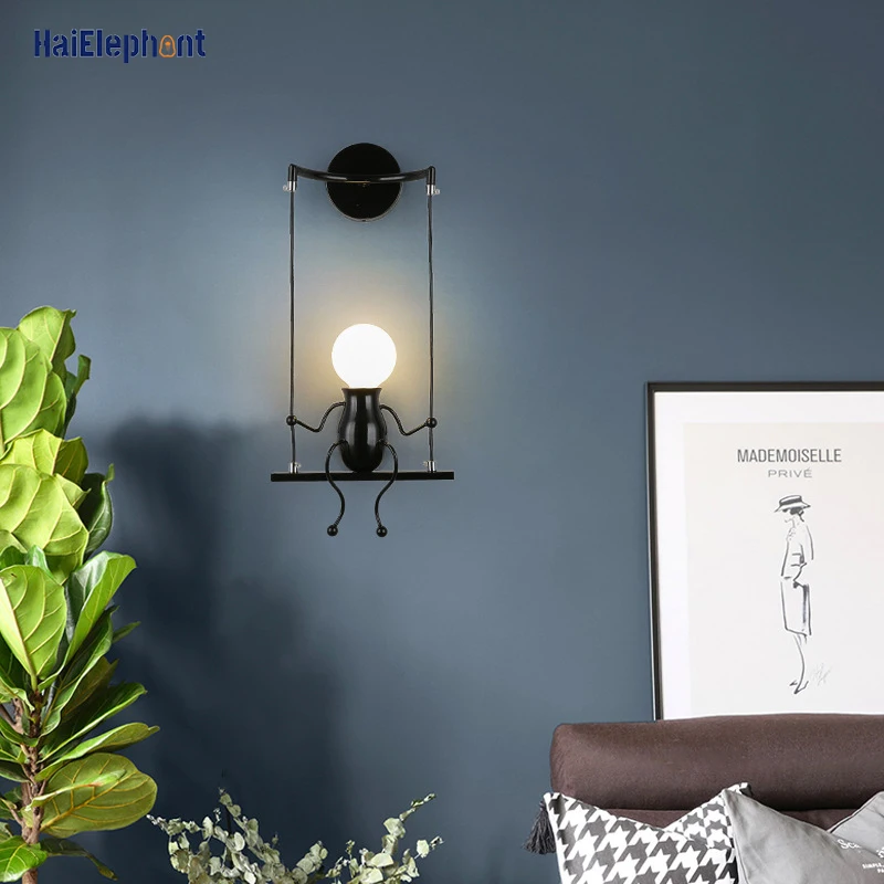 Creative LED Wall Mounted Small Man Swing Lamp Children's Room Bedroom Bedside Aisle Wall Sconces Nordic Art Decor Wall Lighting