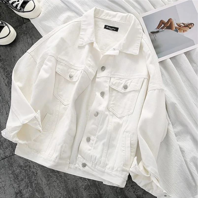 

2023Casual jacket,White Denim Jacket Female Autumn Coats Oversize Fashion New Solid Color Loose All-match Lapel Black Women Clot
