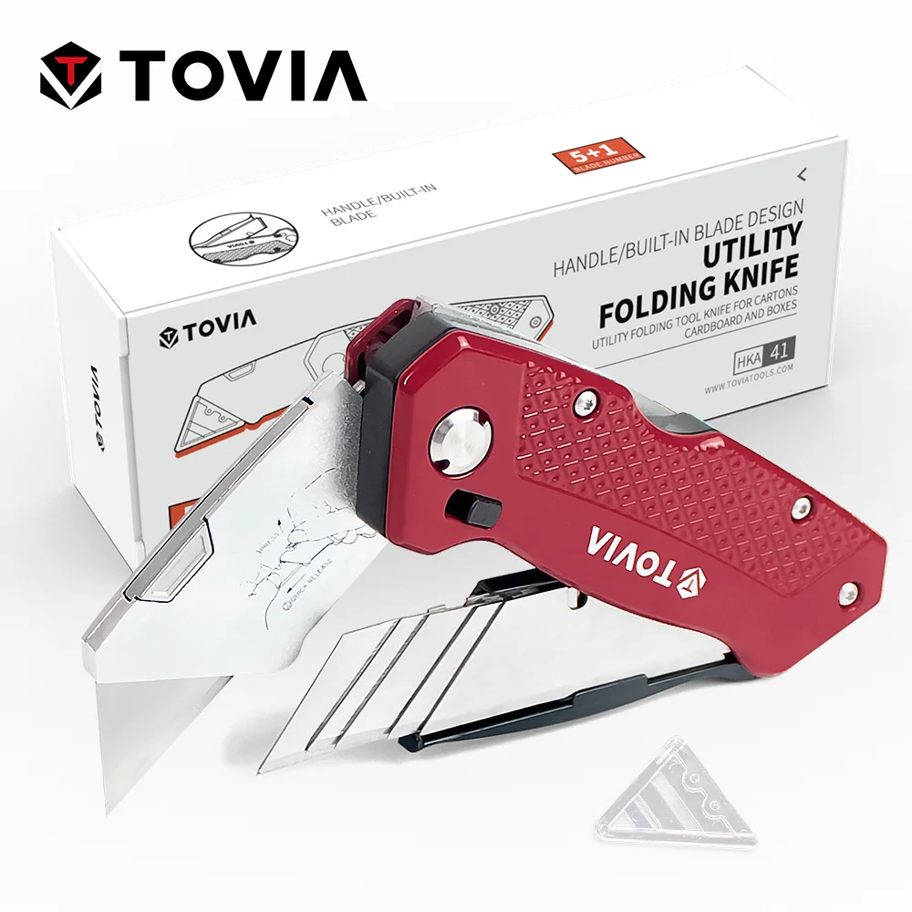 

TOVIA Folding Knife with 5 Blades Electrician Utility Knife Blade Storage for Carton Cardboard Box Cutter Quick Change Blade