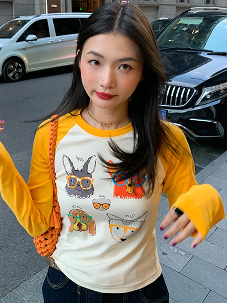 Рубашка с длинным рукавом реглан контрастного цвета Женская облегающая короткая