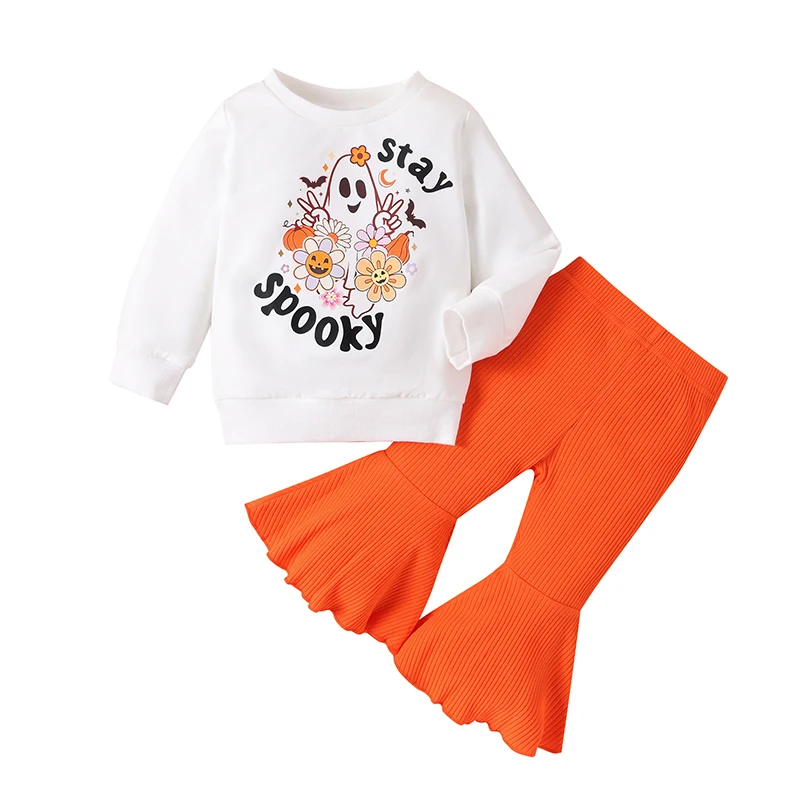 

Toddler Baby Girls Halloween Outfits Long Sleeve Letters Pumpkin Print Sweatshirt Floral Bell Bottom Flared Pants Fall Winter