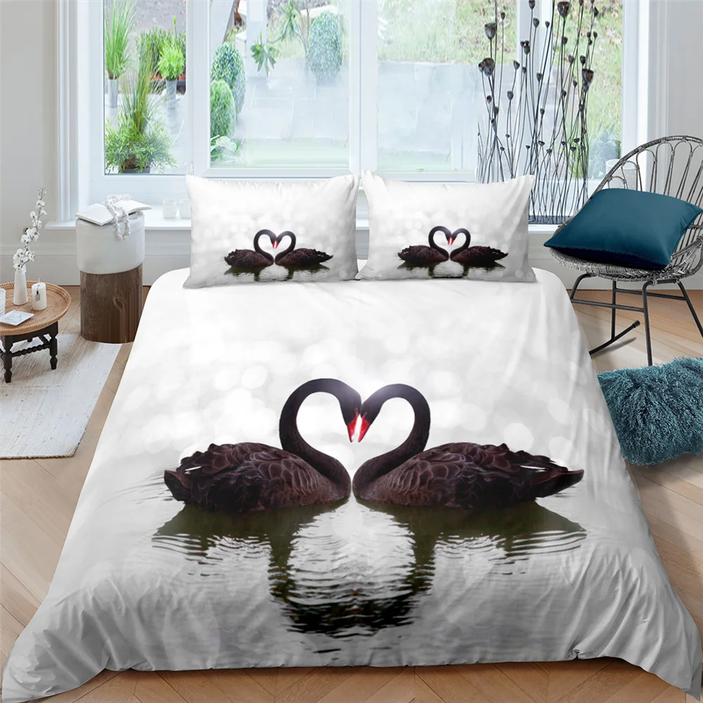 

Bedding Set Animal Duvet Cover Bedclothes 2/3pcs With Pillowcase Home Textiles Simple Bedspread 3D Cute Printed Swan Pattern