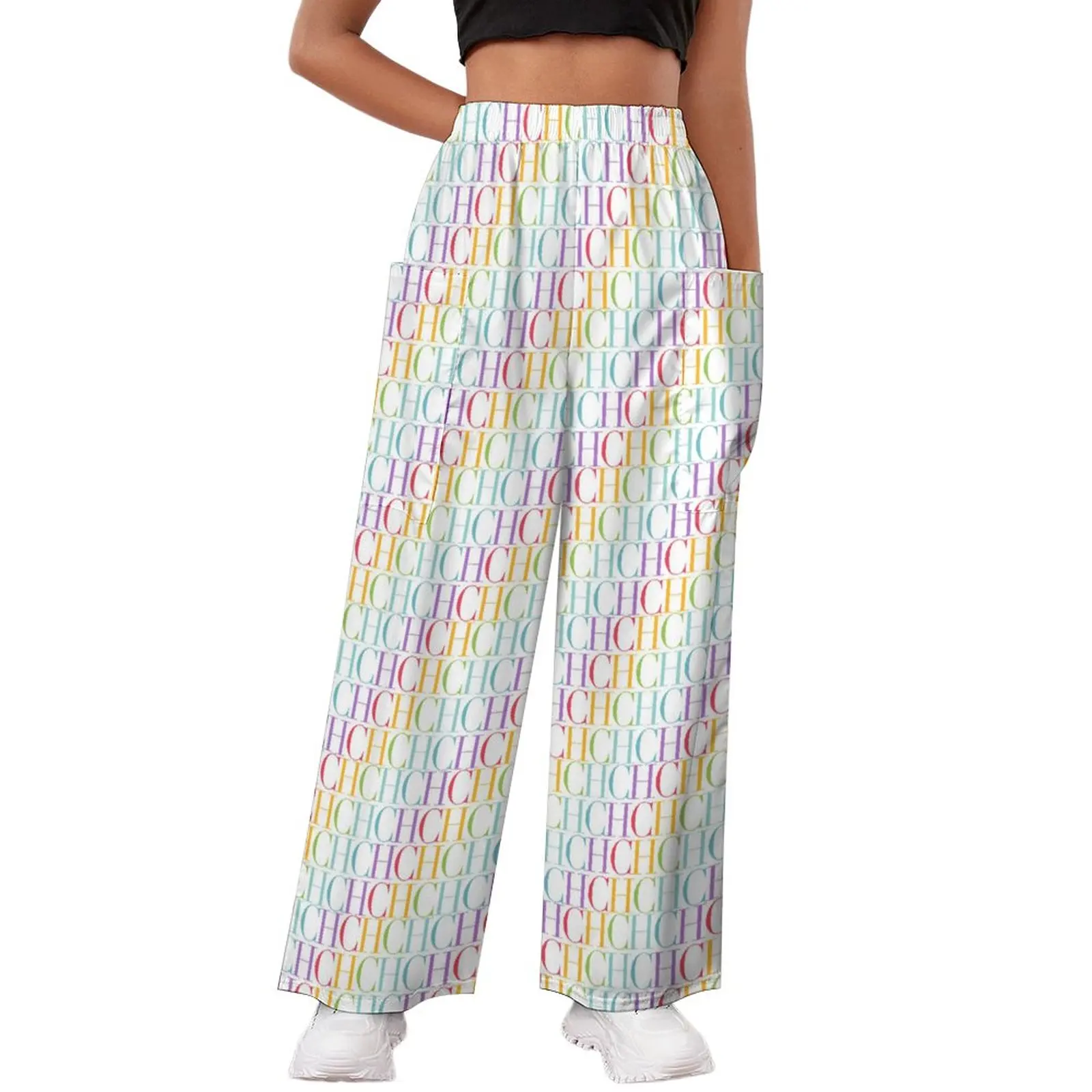 

Women Print Pants Large Pocket Design Highstreet Wear Ladies Loose Trousers Hip Hop Style Casual High Waisted Wide Leg Pants