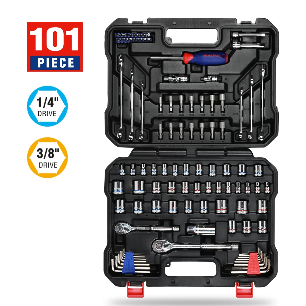 

WORKPRO 101 шт./108 шт./64 шт./24 шт. гаечный ключ и набор инструментов для ремонта автомобиля наборы для ремонта дома портативный механический набор инструментов для ремонта