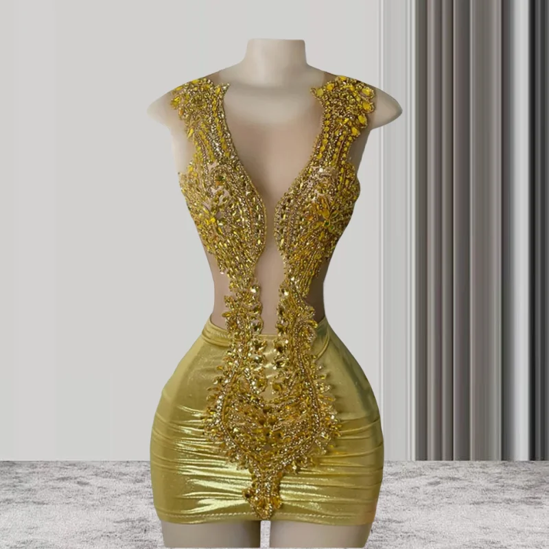 Золотые африканские коктейльные платья с кристаллами