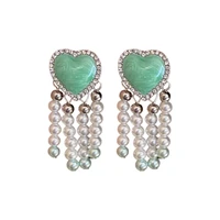 new baroque style green enamel heart beaded pearl tassel earrings for women boho jewelry fashion love boucle oreille femme