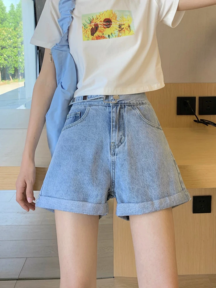 New Summer Women High Waist Button Blue Denim Shorts Streetwear Female Wide Leg Asymmetrical Jeans Shorts Bottoms