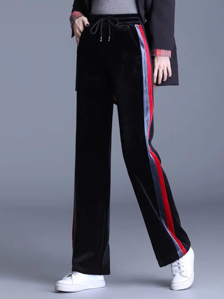 Женские утепленные мешковатые прямые брюки зимние теплые полосатые бархатные