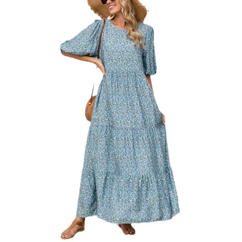 Винтажное повседневное Свободное длинное платье с круглым вырезом и средним