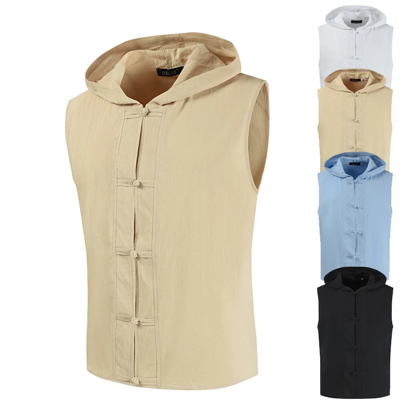 

2022 New Summer Men's Loose Trend Solid Color Button Casual Hooded Vest